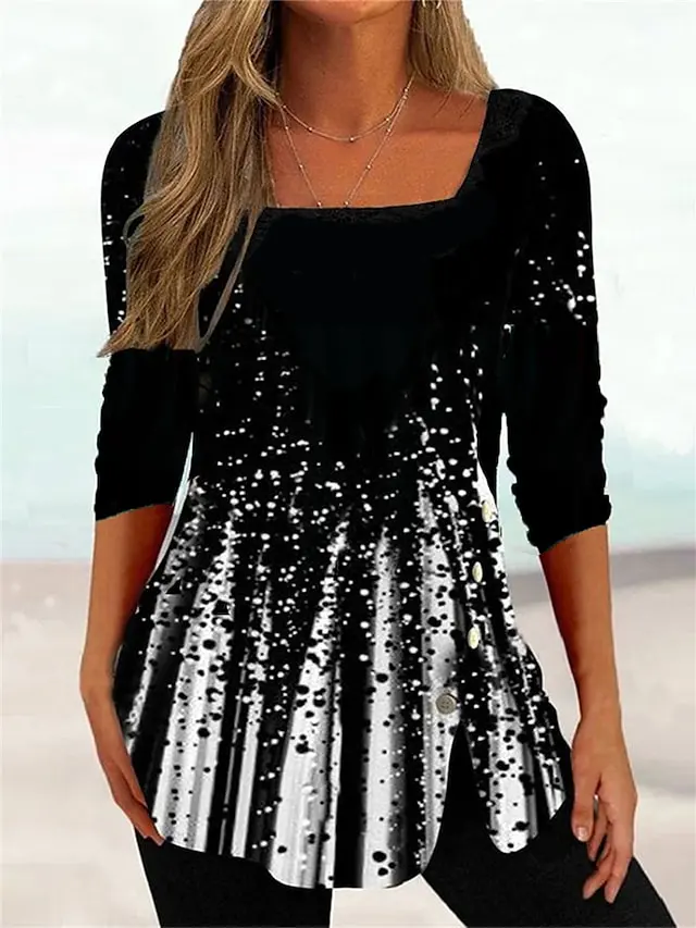 Women's T shirt Tee Black Blue Green Color Gradient Print 3/4 Length Sleeve Daily Weekend Basic Square Neck Regular Painting S