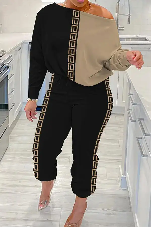 Geometric Print Patchwork Slash Neck Pant Set