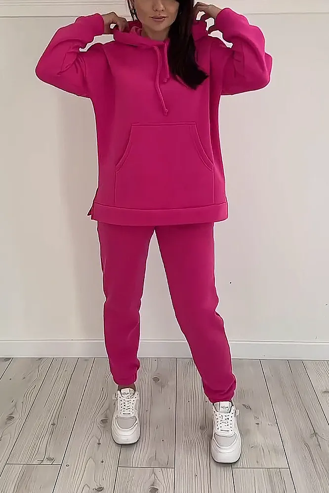 Women's solid color fleece hoodie and pants two-piece set