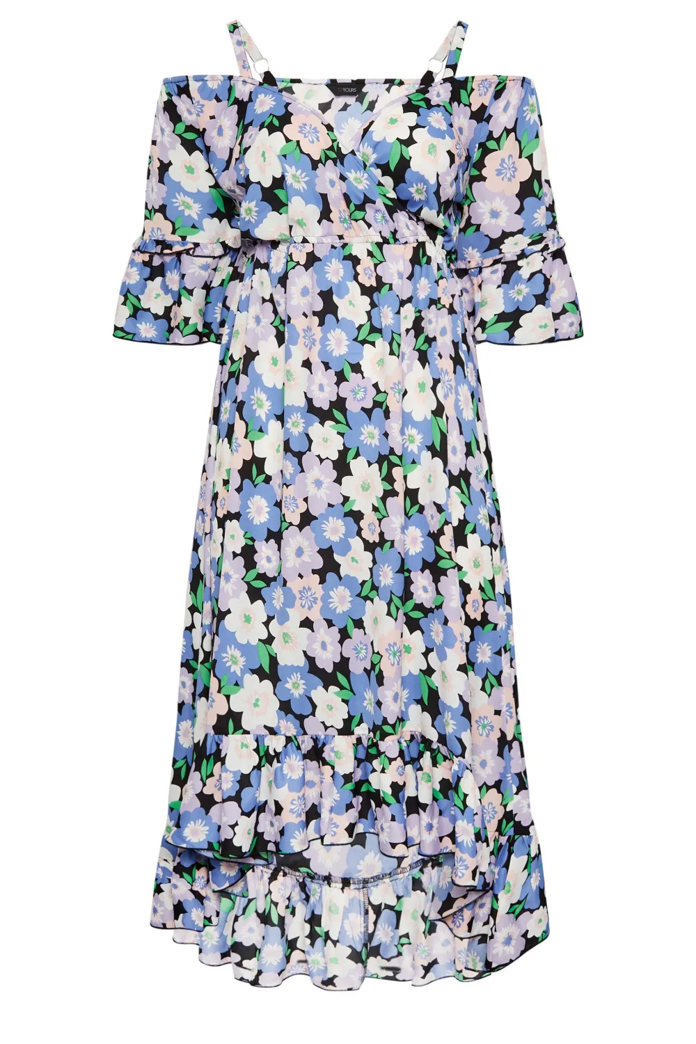 YOURS Curve Black Floral Cold Shoulder Midaxi Dress