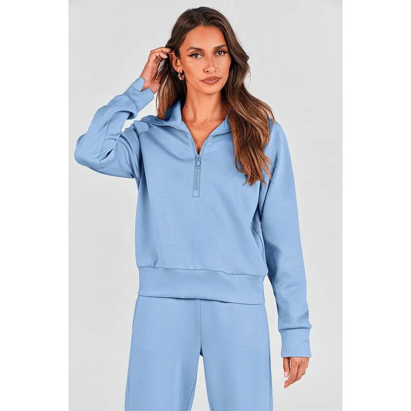 Women'swear Chic 2-Piece Set Outfits Half Zip Style Sweatshirts And Wide Leg Pants With Drawstring