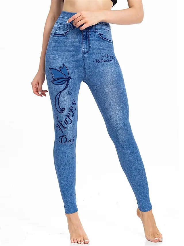 Women's Slim Pants Trousers Leggings Faux Denim Butterfly Pocket Print Full Length High Elasticity High Waist Fashion Streetwear Street Causal Lake Blue Royal Blue S M Summer Fall
