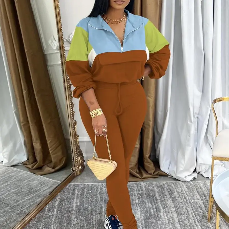 Women's Two - Piece Knit Tracksuit: Zip Jacket & Elastic Waist Pant, Pink - Blue Colorblock