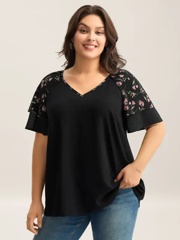 Floral Layered Sleeve Solid Blouse