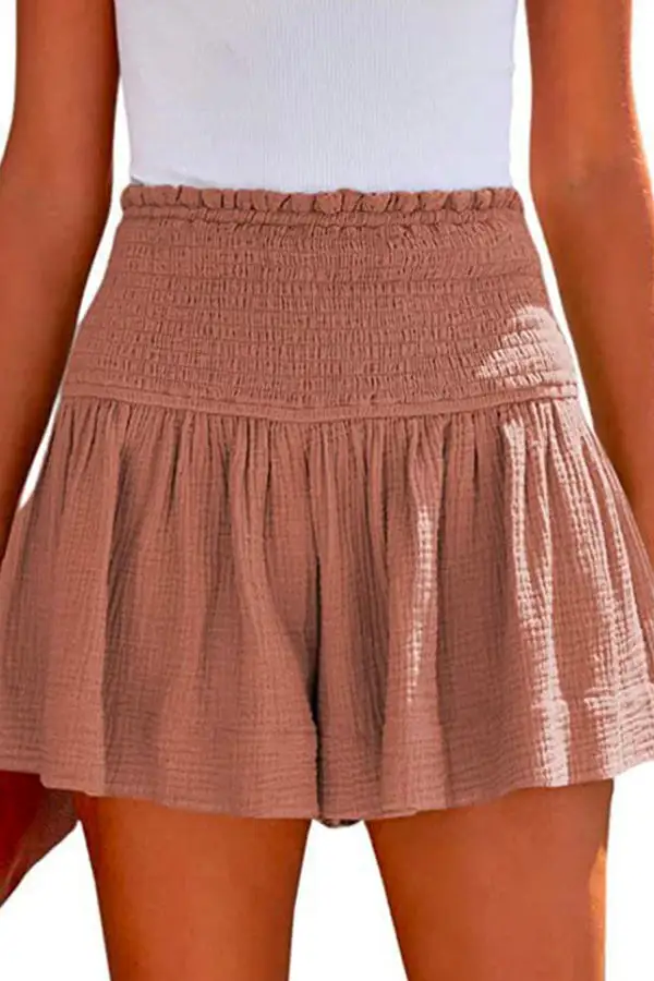 Elastic Smocked Waist Wide Leg Solid Shorts