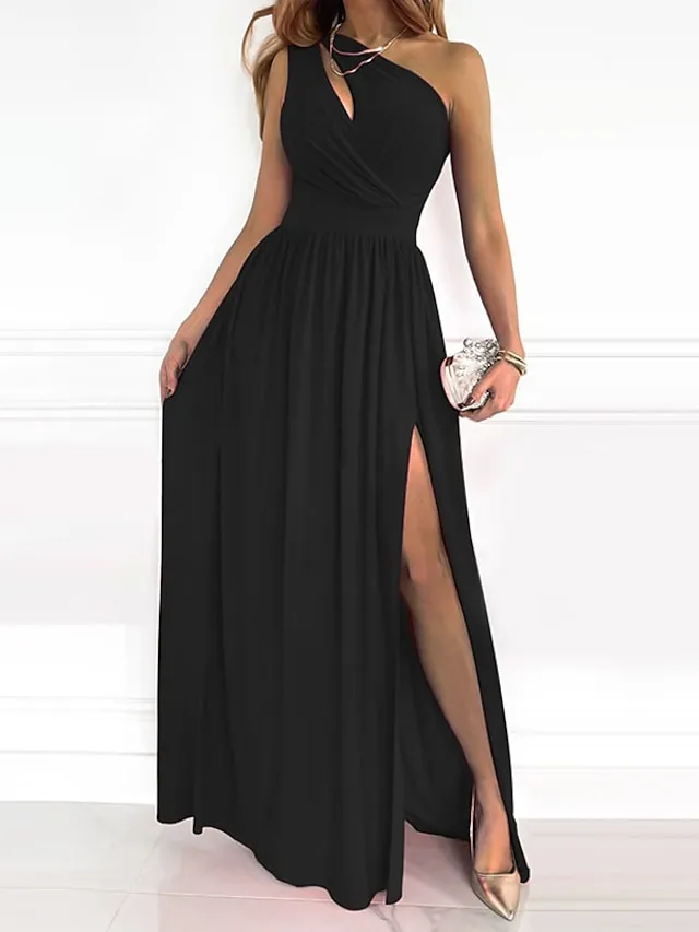 Women‘s Black Dress Prom Dress Formal Party Dress Swing Dress Long Dress Maxi Dress Red White Sleeveless Floral Split Cut Out Print Spring One Shoulder