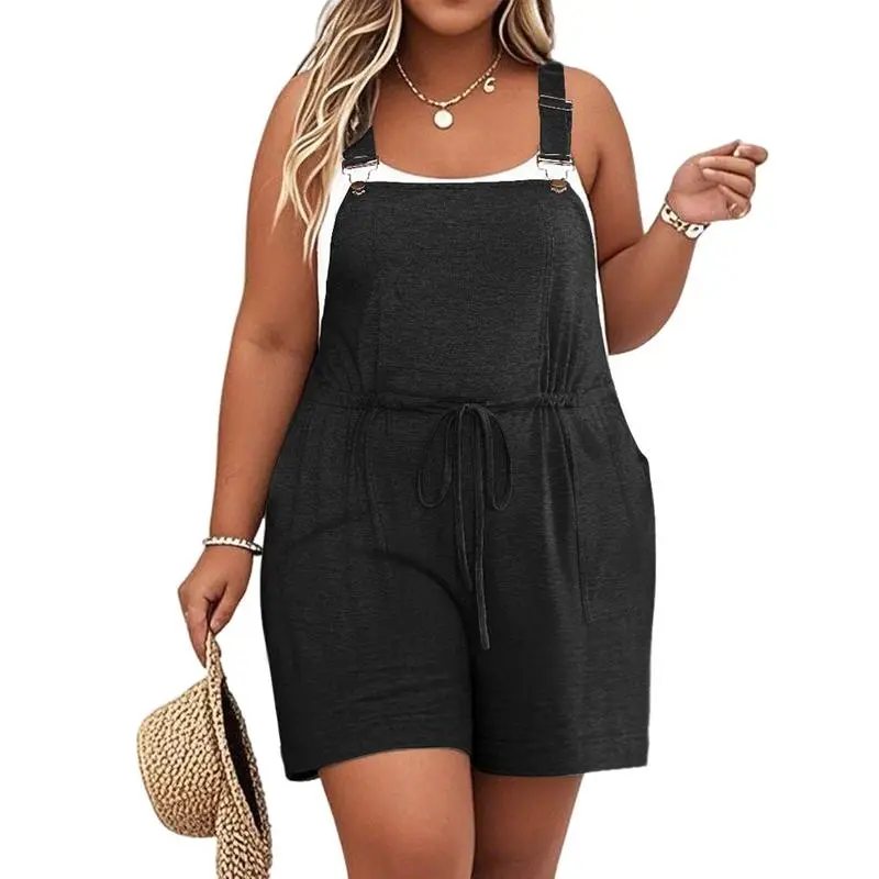 Women's Plus Size Drawstring Romper – Sleeveless Casual Jumpsuit with Pockets