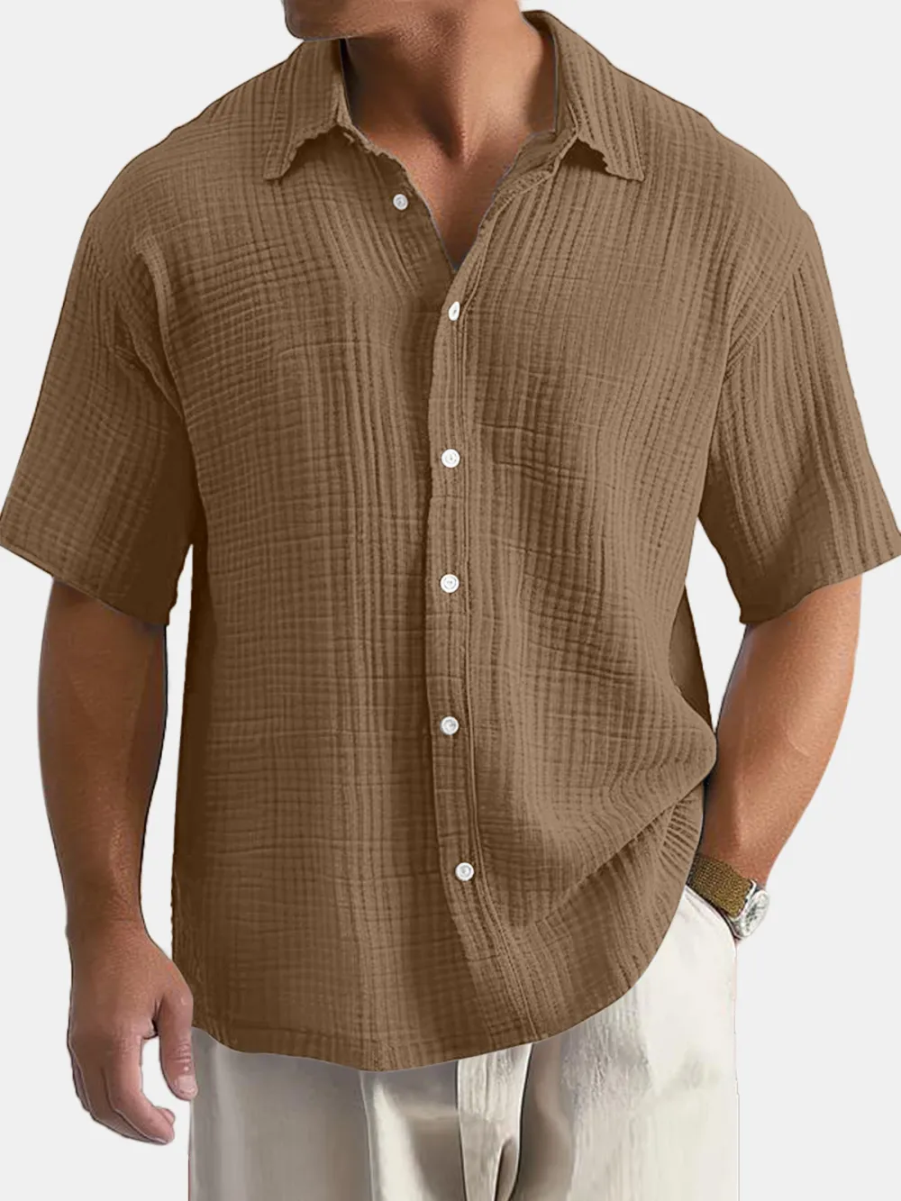Men's Casual Summer 100% Cotton Solid Color Short Sleeve Shirt