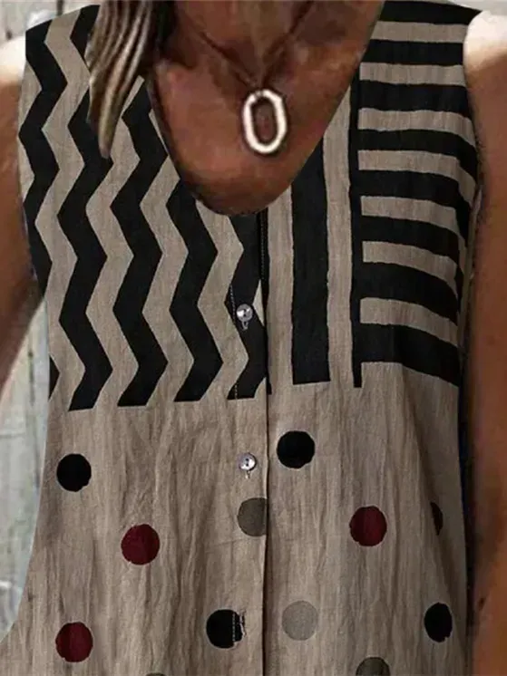 Women's Khaki V-neck Sleeveless Striped Polka Dot Top