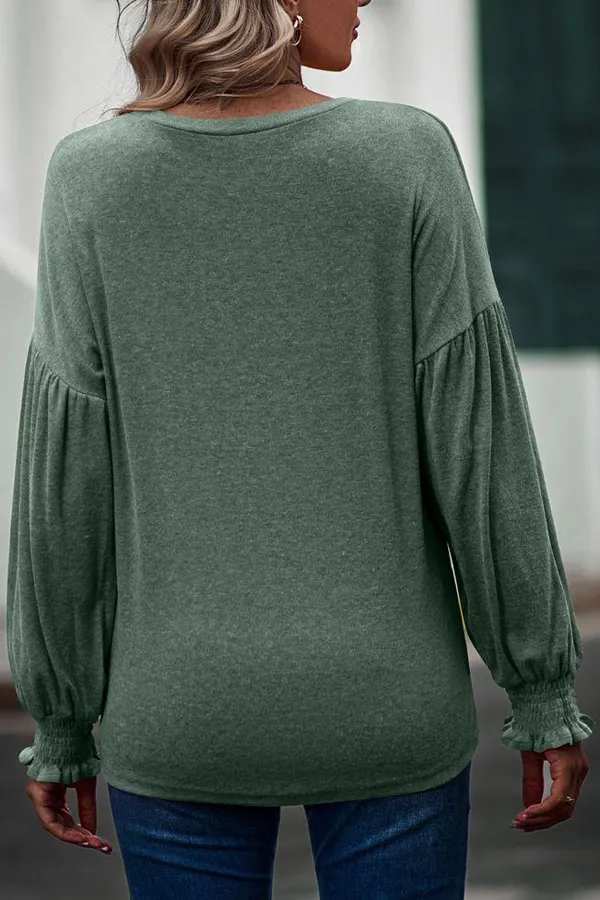 Smocked Bell Cuffs Long Balloon Sleeve Pullover