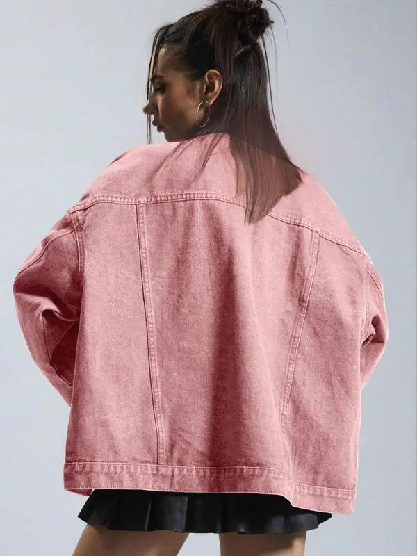 Women's Plain Button Front Drop Shoulder Denim Coat, Casual Fitted Long Sleeve Collared Pocket Outerwear for Daily Wear