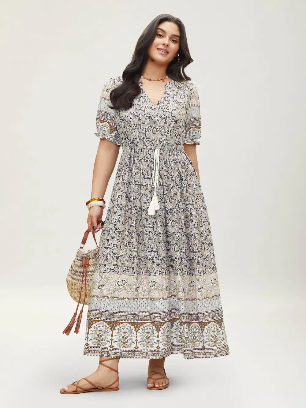 Boho Print Notched Ties Tassel Trim Dress