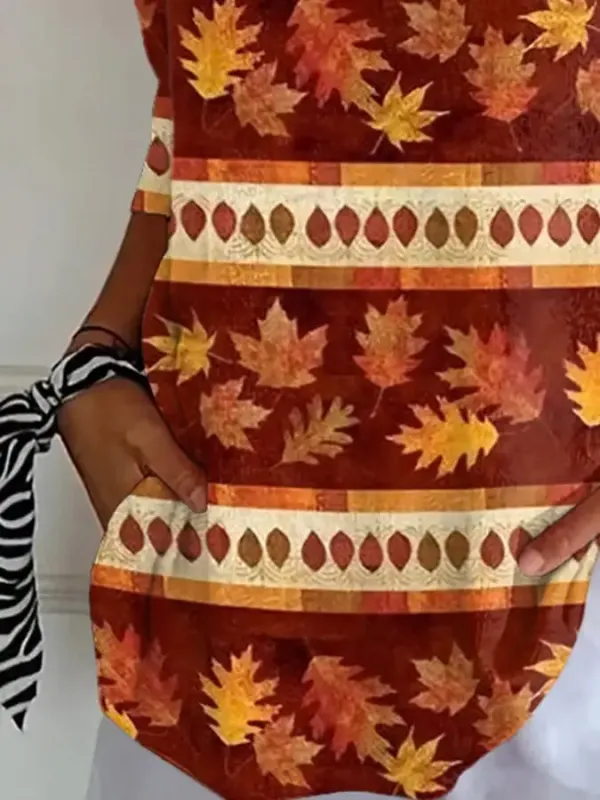 Women's Autumn Faith Maple Leaf Striped Fabric Casual V-neck Mid-sleeve T-shirt