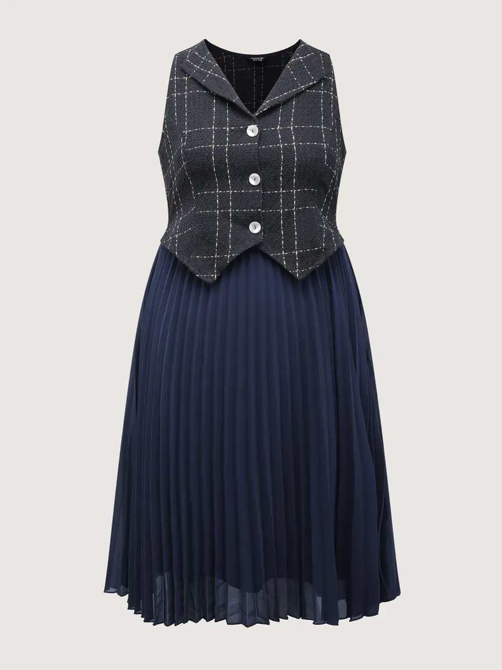 Plaid Pleated Skirt Contrast Vest Midi Dress