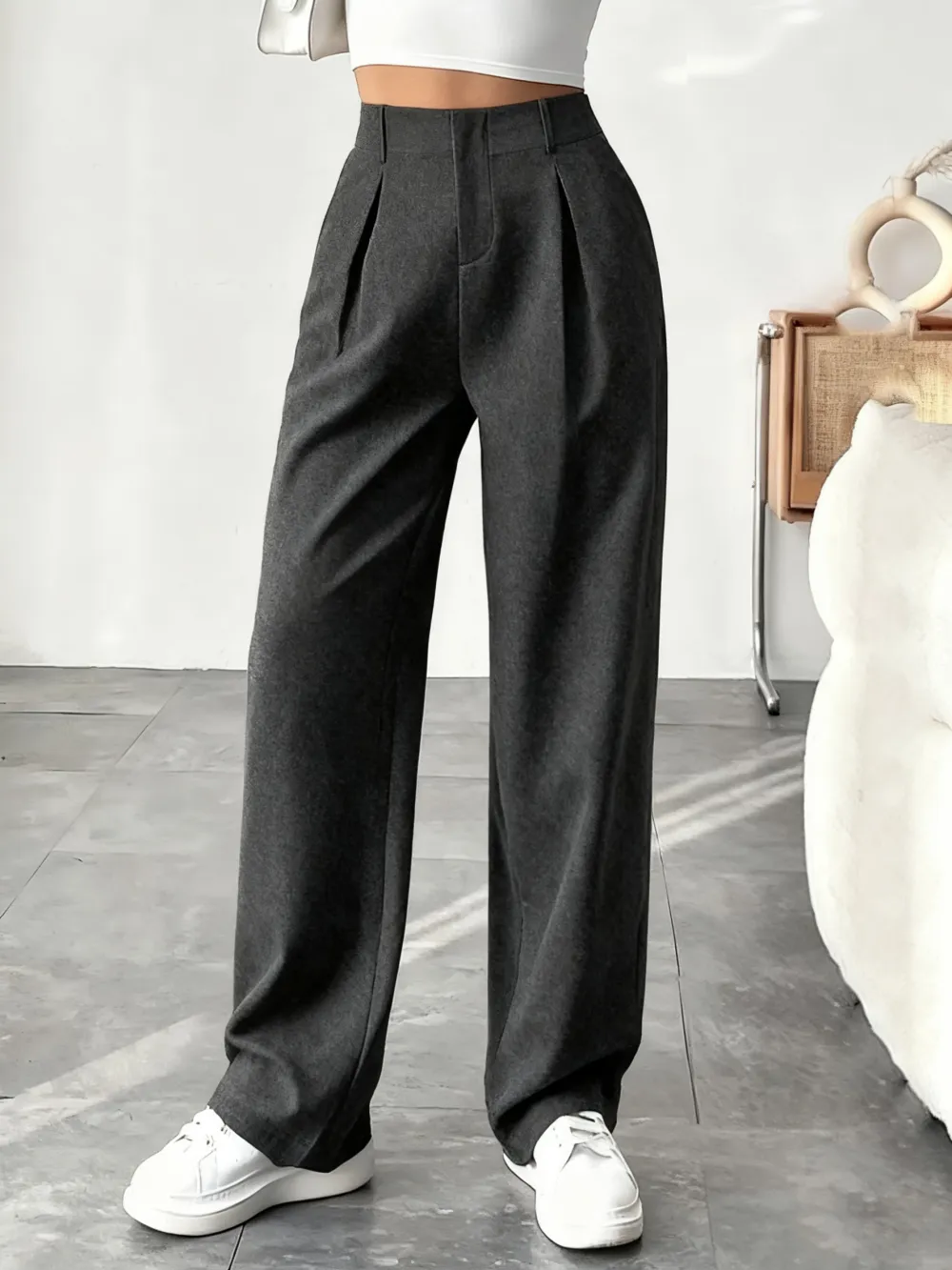 Women's Solid Wide Leg Pants: Pleated Pocket, Zipper Fly (Work/Office, Spring/Fall)