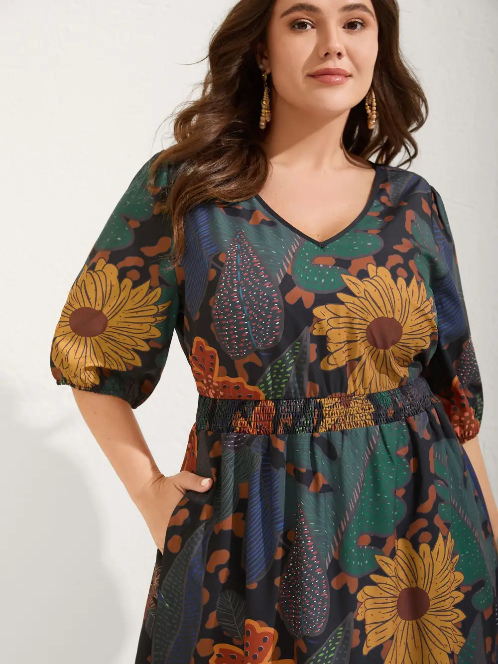 Floral Shirred Lantern Sleeve Midi Dress