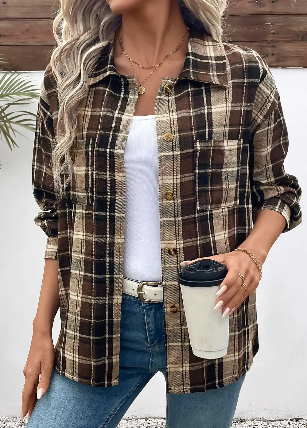 Dark Coffee Curved Hem Plaid Long Sleeve Shirt