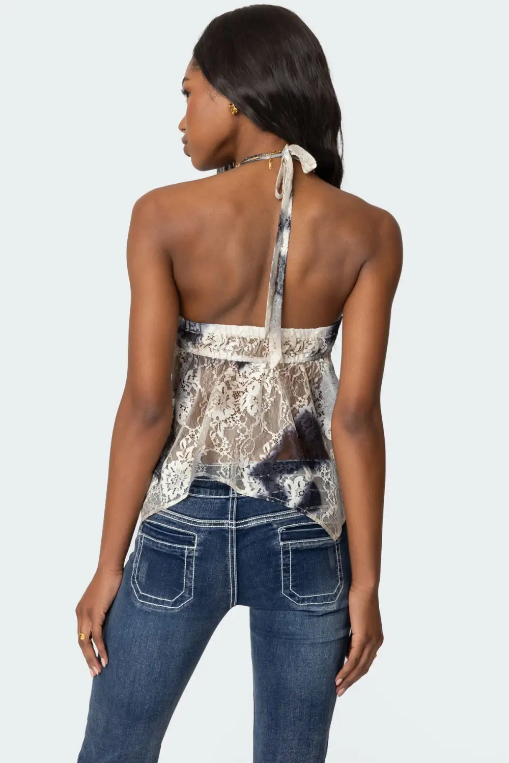 Asymmetric Printed Lace Halter Top