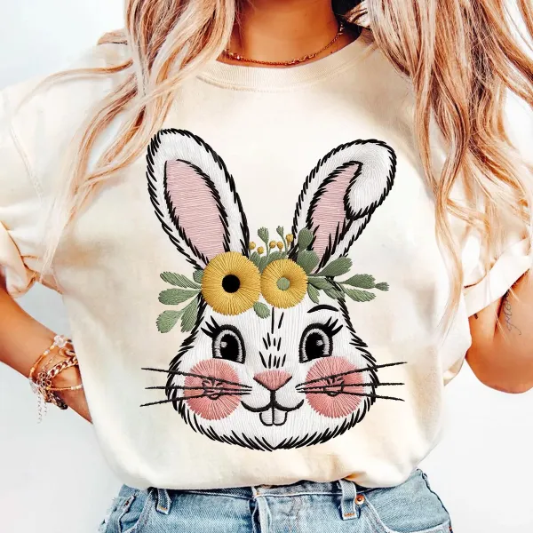 Easter Floral Bunny Printed Round Neck Short Sleeve T-Shirt