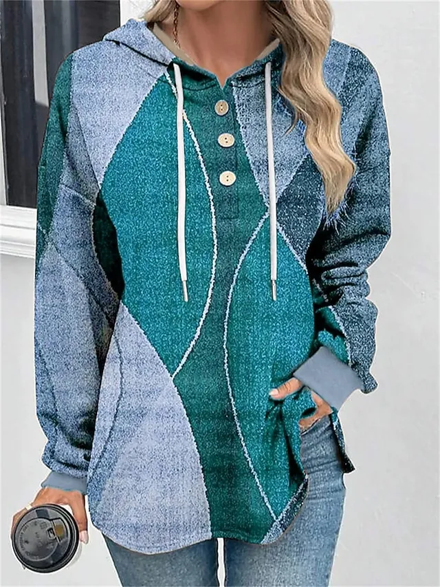 Women's Hoodie Sweatshirt Pullover Basic Button Drawstring Yellow Red Blue Color Block Casual Sports Hoodie Long Sleeve Top Micro-elastic Fall & Winter