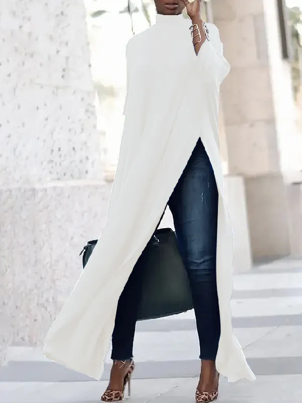 Casual Three-Quarter Sleeves Split-Side Solid Color High-Neck T-Shirts Tops