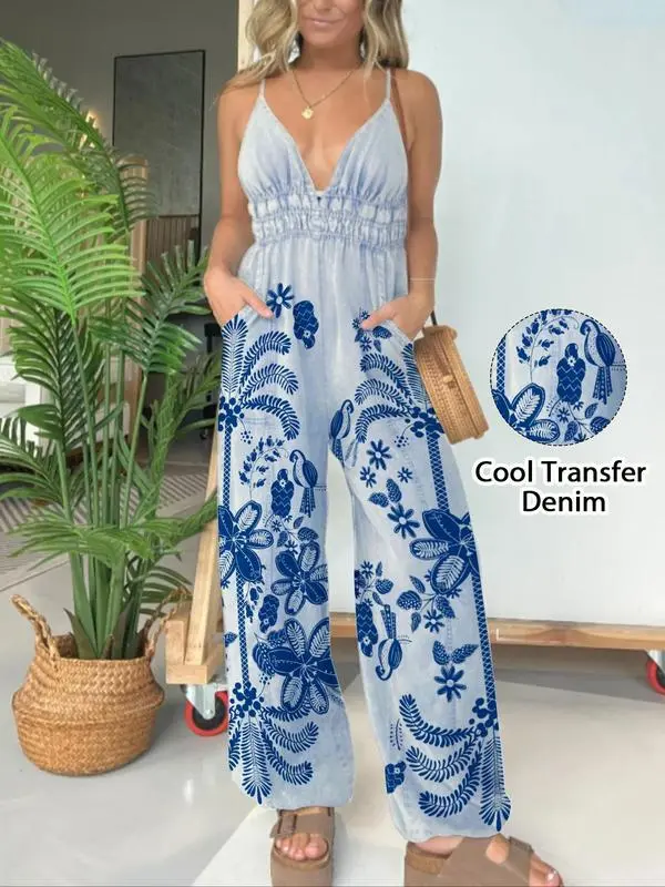 Women's Backless Denim Cami Jumpsuit – Casual Wide-Leg Overalls with Pockets, Minimalist Sleeveless Outfit for Daily & Summer Wear