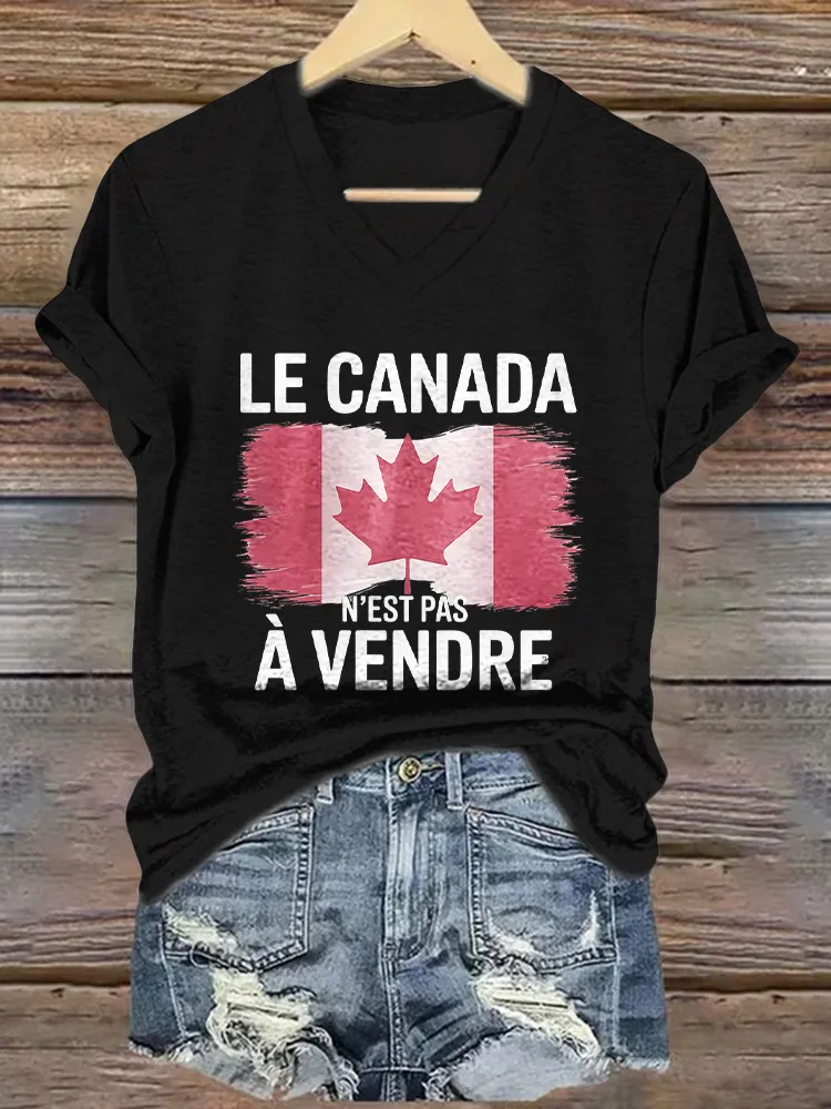 Le Canada N'Est Pas A Vendre Printed V-Neck Short-Sleeved T-Shirt