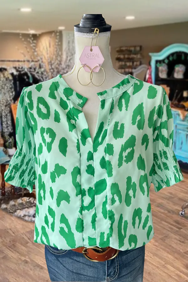 Leopard Print Smocked Sleeve V-Neck Top