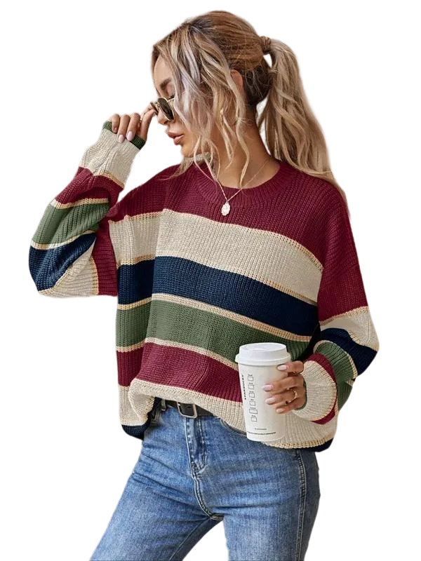 Women's Colorblock Striped Drop Shoulder Sweater
