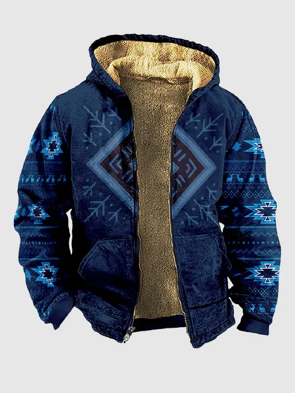 Men's Retro Ethnic Zip Printed Fleece Hoodie Jacket