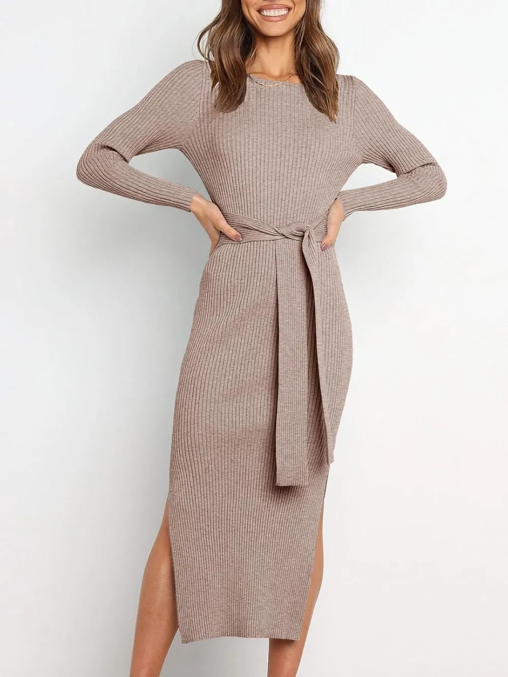 Long Sleeve Sweater Dress Crew Neck Slim Fit Slit Tie Waist 2024 Ribbed Knit Bodycon Midi Dress Fall Outfits