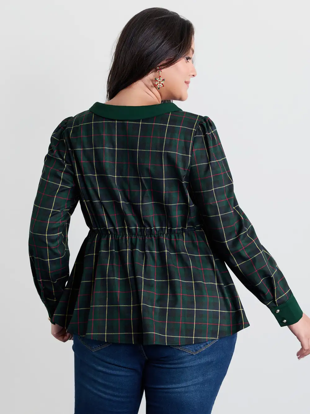 Check Pattern Lapel Tie Blouse