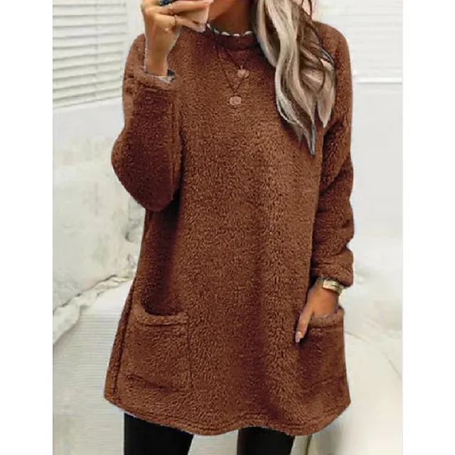 Women's Sweatshirt Pullover Fleece Sports Sherpa Fleece Teddy Pocket Marron Black White Solid Color Street Casual Round Neck Long Sleeve Top Micro-elastic Fall & Winter