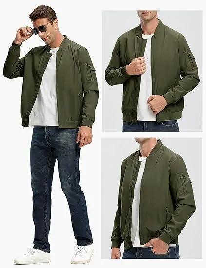 Men's Plus Size Bomber Jacket – Lightweight Zip-Up Flight Coat with 5 Pockets, Casual Fall Windbreaker.