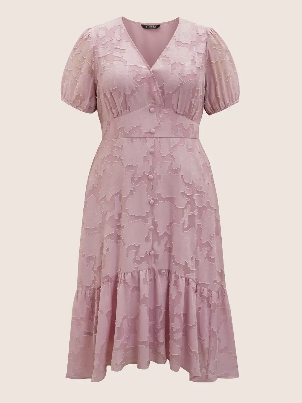 Solid Textured Lantern Sleeve Button Detail Dress