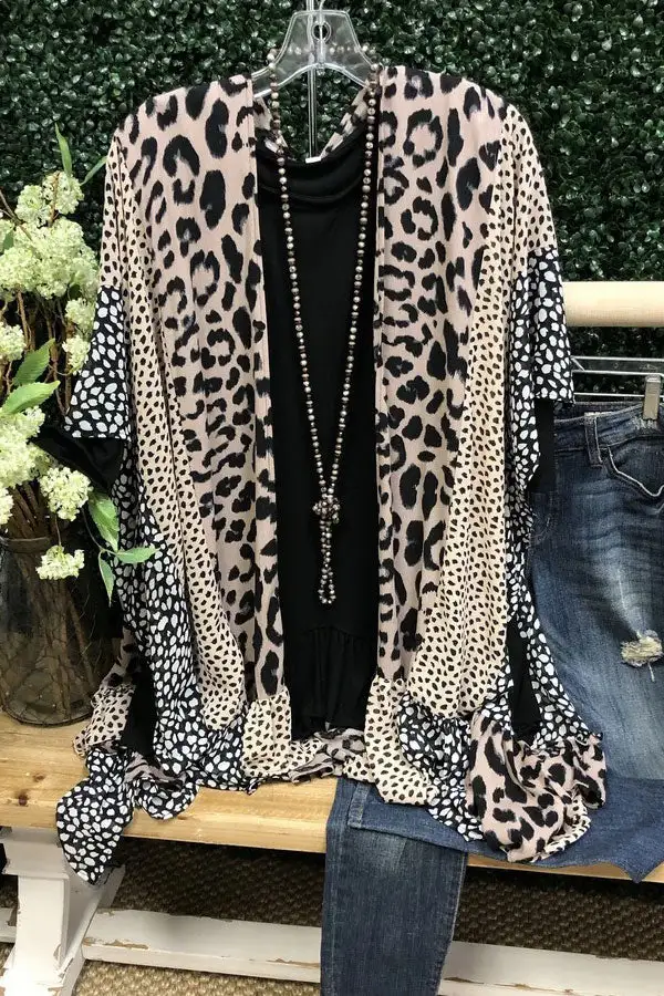 Leopard Print Deep V-Neck Ruffled Sleeve Blouse