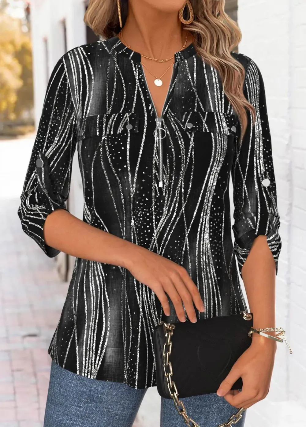 Black Geometric Print 3/4 Sleeve Split Neck Blouse