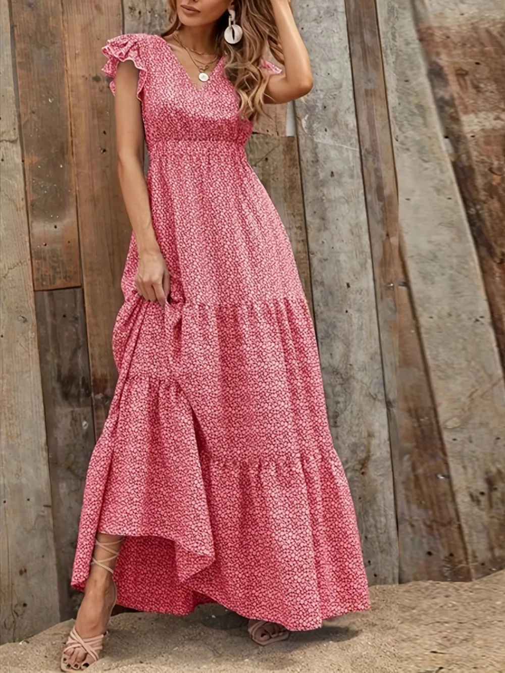 Ditsy Floral Print High Waist Dress, Elegant Ruffle Trim Sleeveless V Neck Maxi Dress, Women's Clothing