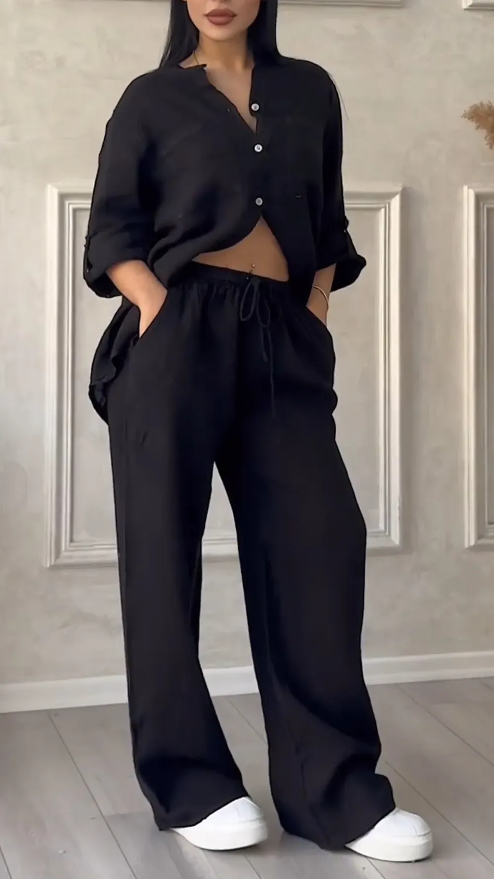 Women's V-neck Cotton and Linen Casual Suit