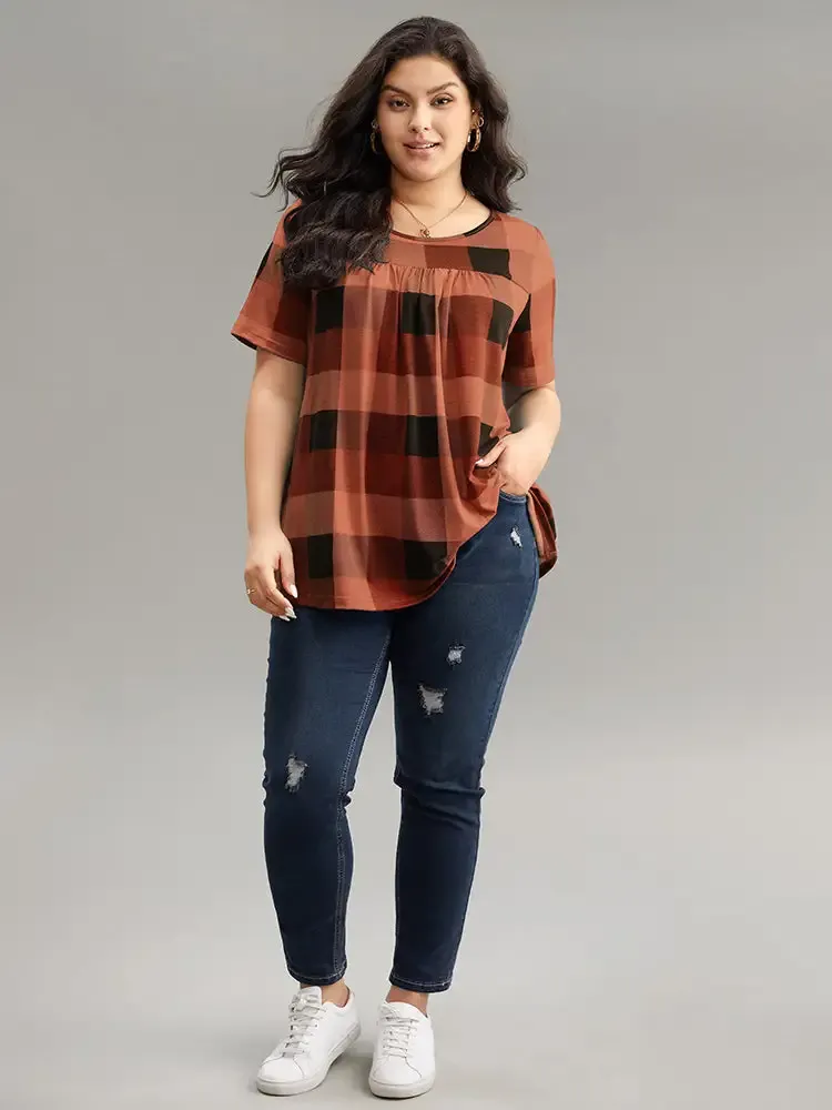 Plaid Round Neck Gathered T-Shirt