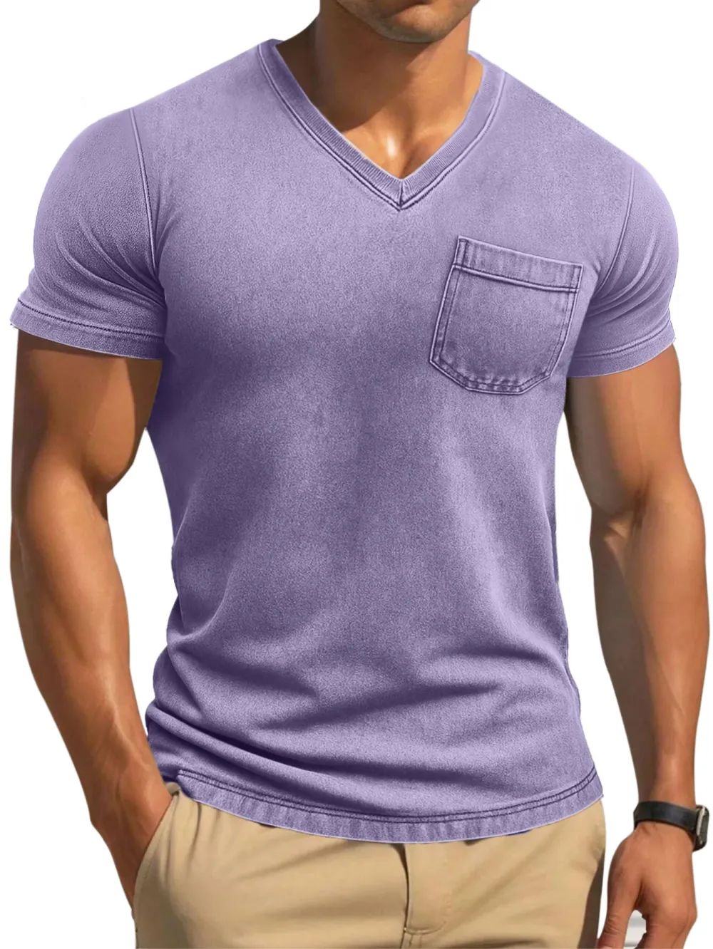 Men's Retro Solid Color Tight And Comfortable V-neck Short-sleeved T-shirt
