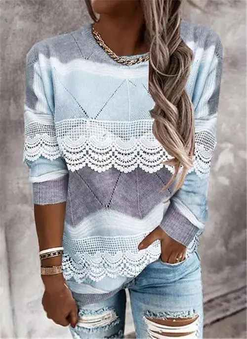 Round Neckline Color Block Casual Regular Sweaters