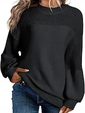 Women's Sweater Casual Soft Pure Color Ribbed Crew Neck Knitted Long Sleeve Regular Tops Knit Outdoor Daily Weekend Black Apricot Fall Winter