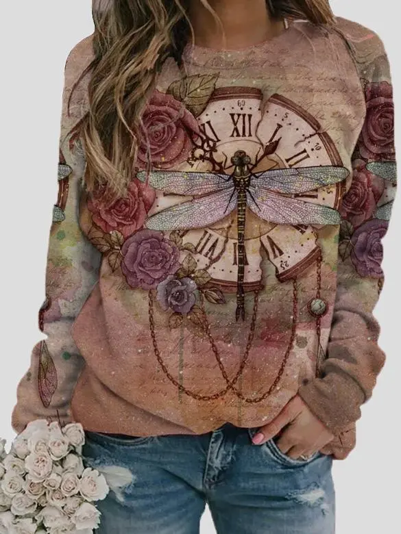 Women's T-Shirts Retro Dragonfly Print Round Neck Long Sleeve T-Shirt（⚡Clearance Sale）