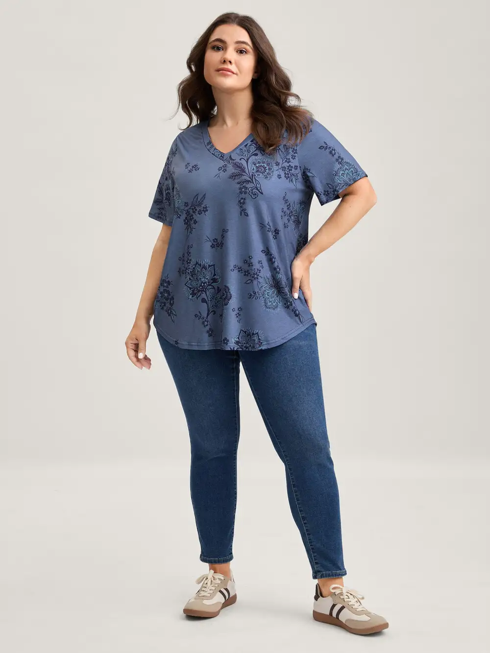 Floral V-Neck Drapey T-Shirt