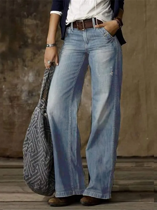 Women‘s Low Rise Jeans Pants Trousers Distressed Full Length Denim Pocket Micro-elastic Mid Waist Fashion Streetwear Street Daily Black Navy Blue S M Summer Fall