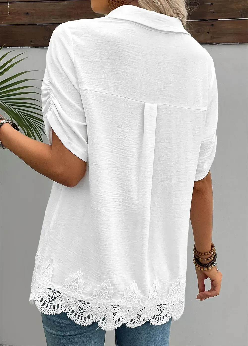 White Short Sleeve Shirt Collar Blouse