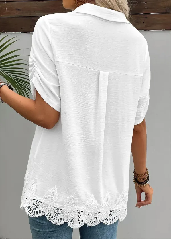 White Short Sleeve Shirt Collar Blouse