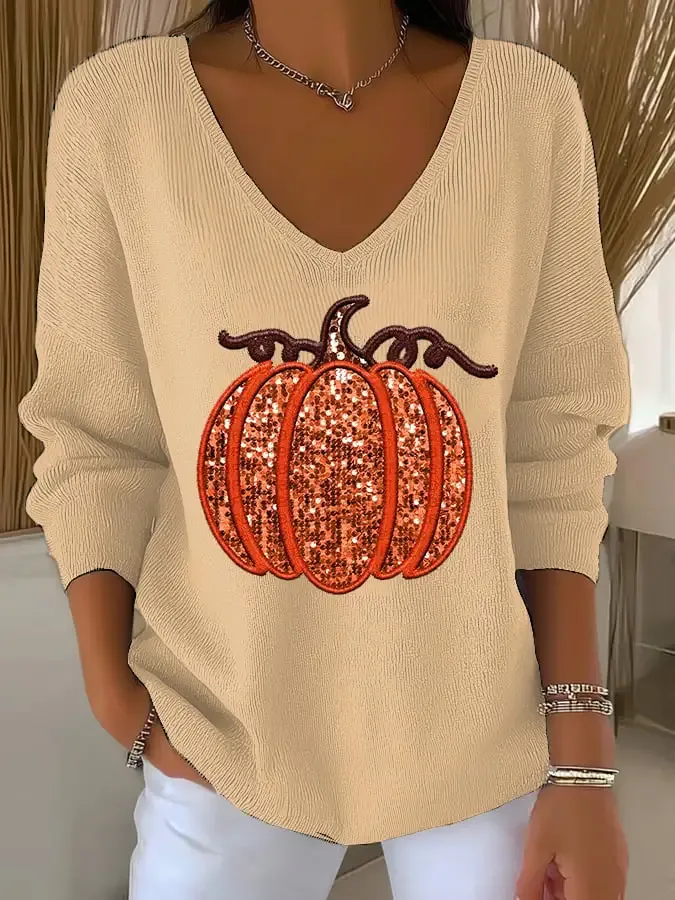 Women'S Retro Autumn Pumpkin Print T-Shirt