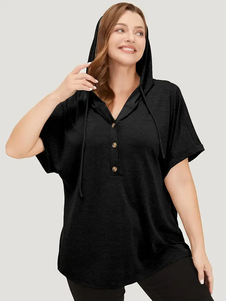 Plain Drawstring Roll Sleeve Button Up Hooded T-shirt